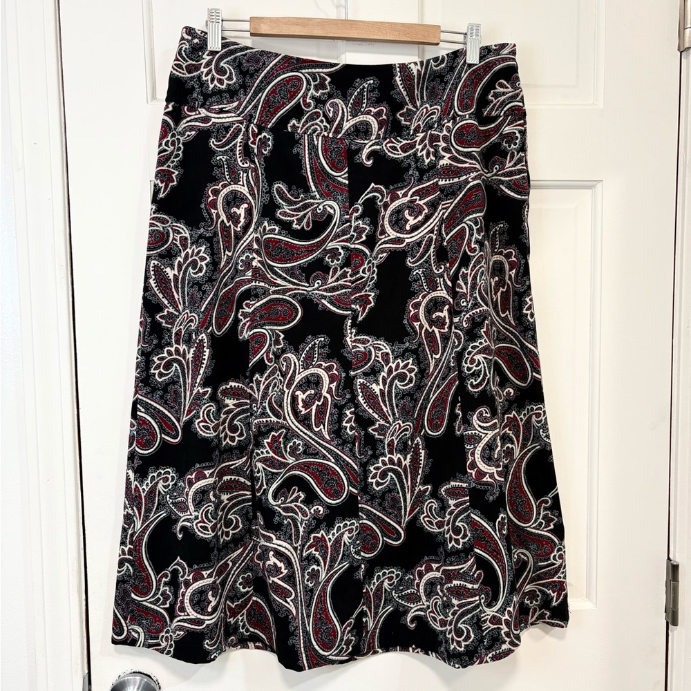 Christopher & Banks Paisley A-Line Midi Skirt Black Red Stretch Office Sz 14 - Picture 1 of 11